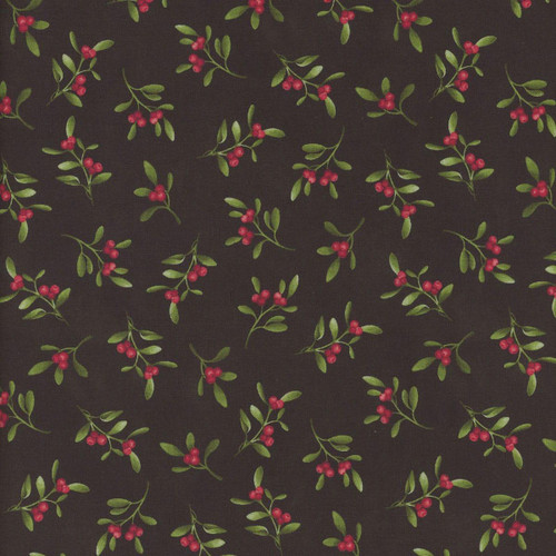 Henry Glass Fabrics Hollyville Manor Black Red Holly Berries, fabric pattern featuring red holly berries and green leaves on a black background.