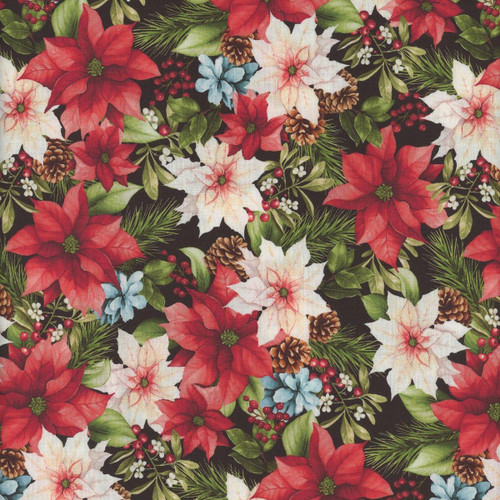 Henry Glass Fabrics Hollyville Manor Poinsettias and Christmas Flowers, festive holiday fabric featuring red and white poinsettias, pinecones, holly berries, and evergreen leaves on a dark background.