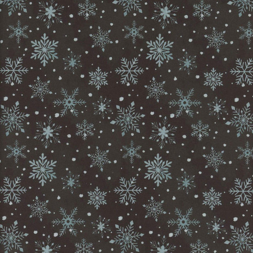 Henry Glass Fabrics Hollyville Manor Navy Blue Snowflakes, fabric with navy blue background and light blue snowflake pattern.