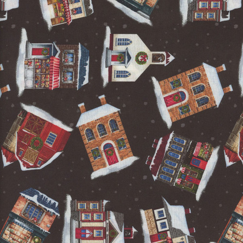 Henry Glass Fabrics Hollyville Manor Black Dickens Village Buildings