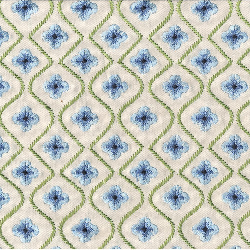 Covington Fabrics Blossom Bluebelle Blue Embroidered Flower Blooms, embroidered floral pattern with blue flowers and green decorative lines on fabric.