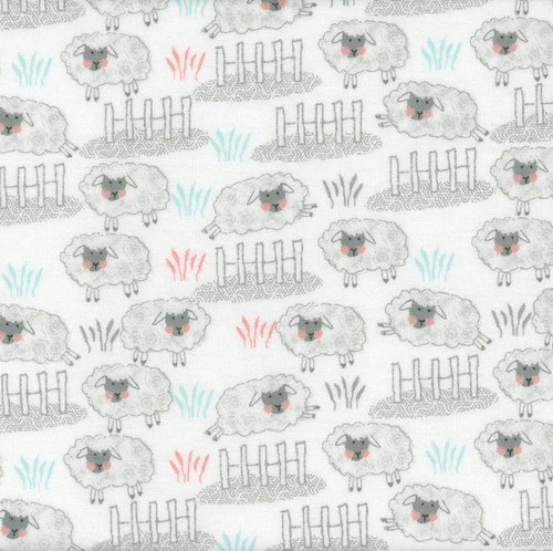 AE Nathan Fabrics Comfy Flannel Prints White Grey Sheep Jumping Fences