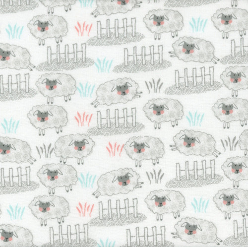 AE Nathan Fabrics Comfy Flannel Prints White Grey Sheep Jumping Fences
