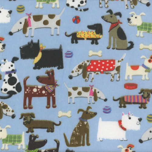 AE Nathan Fabrics Comfy Flannel Prints Blue Dogs, a fabric with colorful cartoon dog illustrations and dog-related accessories on a light blue background.