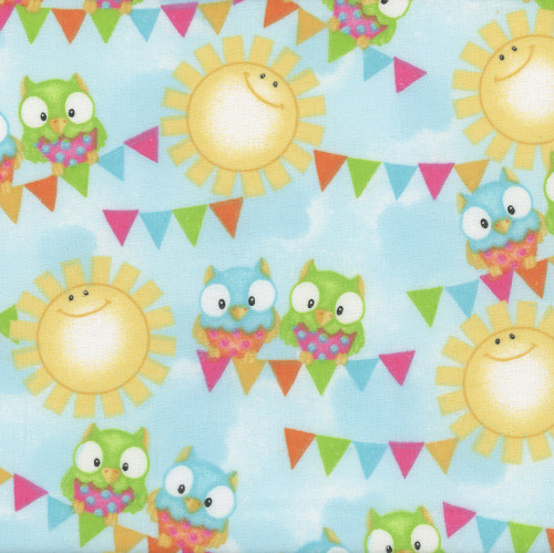AE Nathan Fabrics Comfy Flannel Prints Blue Yellow Pink Owls Penants Sun