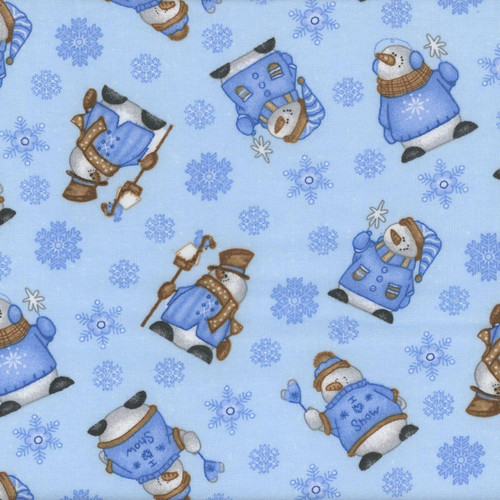 AE Nathan Fabrics Comfy Flannel Prints Blue Snow Men, a pattern featuring cute snowmen dressed in winter clothing with snowflakes on a light blue background.