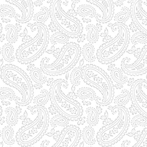 Blank Quilting Fabrics Morning Mist IX Satin Moon Designs White on White Paisley