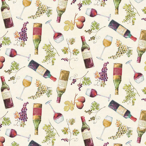 Clothworks Fabrics Wine Tasting Cream Red Wine Bottles Grapes Figs