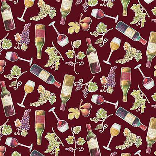 Clothworks Fabrics Wine Tasting Burgundy Red Wine Bottles Grapes Figs