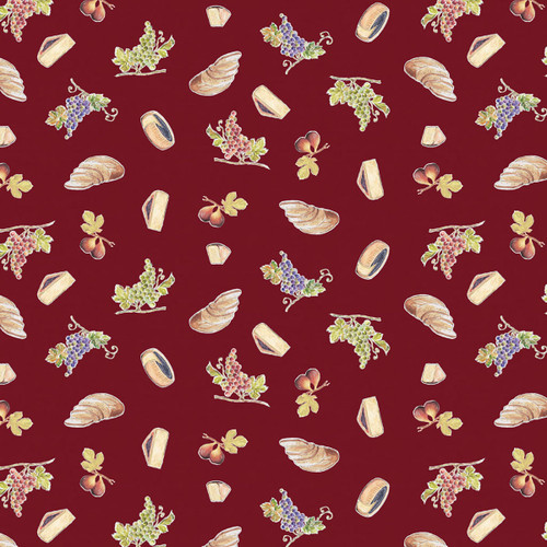 Clothworks Fabrics Wine Tasting Red Wine Grapes Cheese Bread