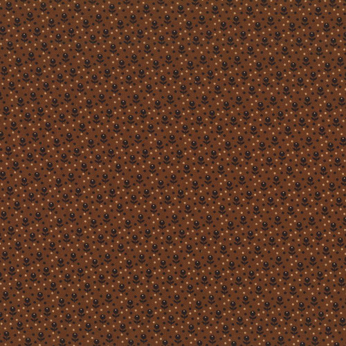 Marcus Fabrics Paulas New Companions Paula Barnes Brown Bud Dot, close-up image of fabric with brown background and small black and beige floral dot pattern.