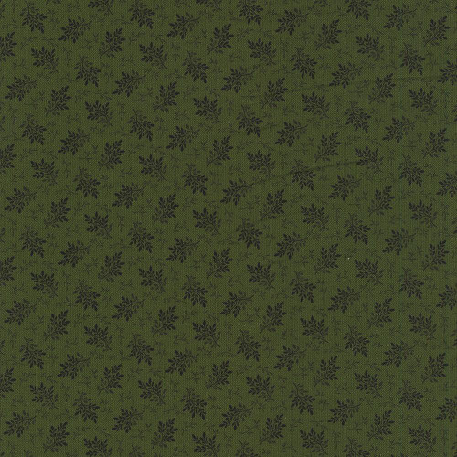 Marcus Fabrics Paulas New Companions Paula Barnes Green Branches, fabric with a green background and black leafy branch pattern.