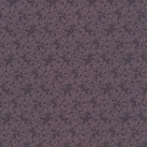 Marcus Fabrics Paulas New Companions Paula Barnes Purple Daisy Vine, fabric with a purple background and a delicate pattern of tiny daisies and vines in darker purple and beige colors.