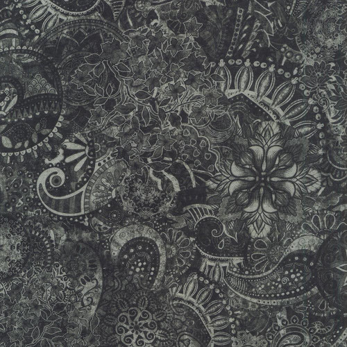 Quilting Treasures Fabrics Mystique Paisley Dan Morris Charcoal Grey, intricate paisley and floral pattern in dark grey and black tones.