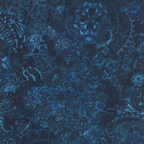Quilting Treasures Fabrics Mystique Paisley Dan Morris Navy Blue, intricate paisley and floral pattern in navy blue color.