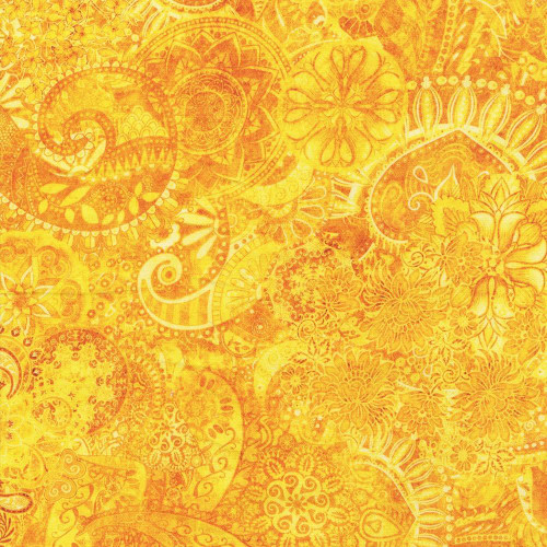 Quilting Treasures Fabrics Mystique Paisley Dan Morris Marigold Yellow, a vibrant yellow fabric with intricate paisley and floral patterns.