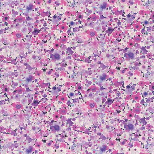 In The Beginning Fabrics Lovelies by Jason Yenter Magenta Pink Jane Floral, a colorful floral fabric with pink, purple, and lavender flowers in a dense pattern.