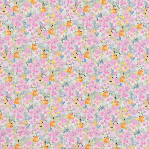 In The Beginning Fabrics Lovelies by Jason Yenter Pink Margy Floral, close-up of a colorful floral fabric with pink, orange, and yellow flowers on a light background.