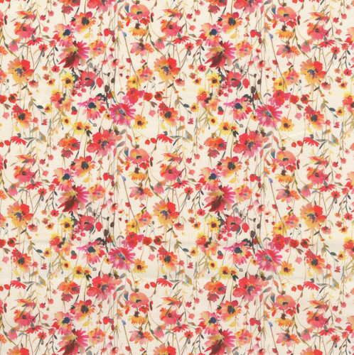 In The Beginning Fabrics Lovelies by Jason Yenter Red Nancy Floral, vibrant red, pink, yellow, and orange flowers with green leaves on a creamy background.