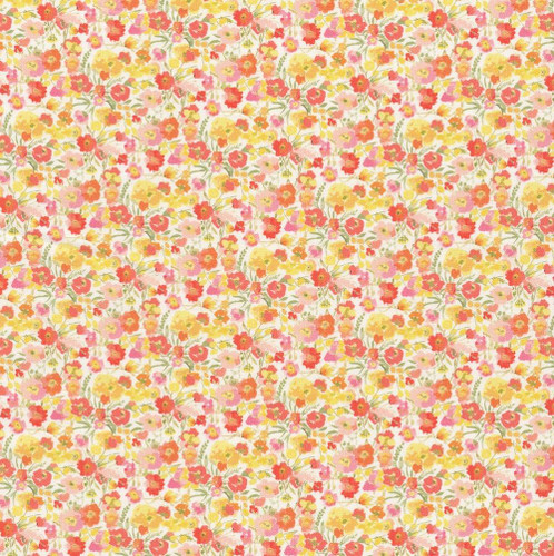 In The Beginning Fabrics Lovelies by Jason Yenter Peach Pink Eloise Floral, a colorful floral fabric with pink, peach, yellow, and orange flowers on a cream background.