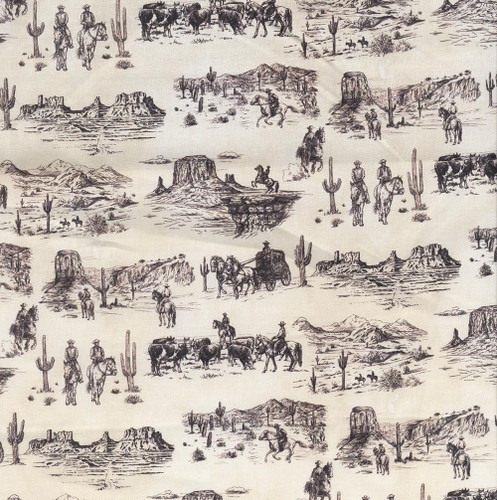In The Beginning Fabrics Southwest Minis by Jason Yenter Cream Cowboy Toile, a fabric with a desert scene featuring cowboys, horses, cacti, and rock formations in black outlined sketches on cream background.