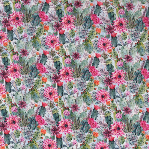 In The Beginning Fabrics Southwest Minis by Jason Yenter Pink Green Cactus Succulents Floral, colorful floral and cactus pattern fabric with pink, green, and orange hues.