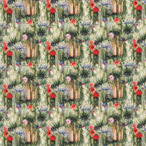 In The Beginning Fabrics Southwest Minis by Jason Yenter Green Red Cactus Flowers, detailed pattern of colorful cactus plants and blooming flowers in green, red, pink, and purple hues.