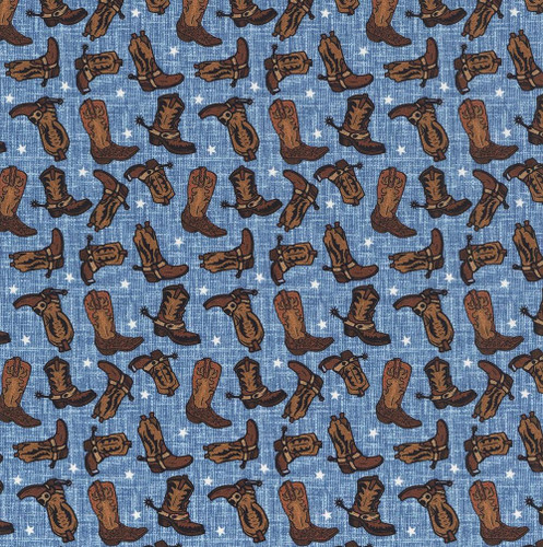 In The Beginning Fabrics Southwest Minis by Jason Yenter Brown Denim Blue Cowboy Boots, a fabric pattern featuring brown cowboy boots with black accents on a denim blue background with small white stars.
