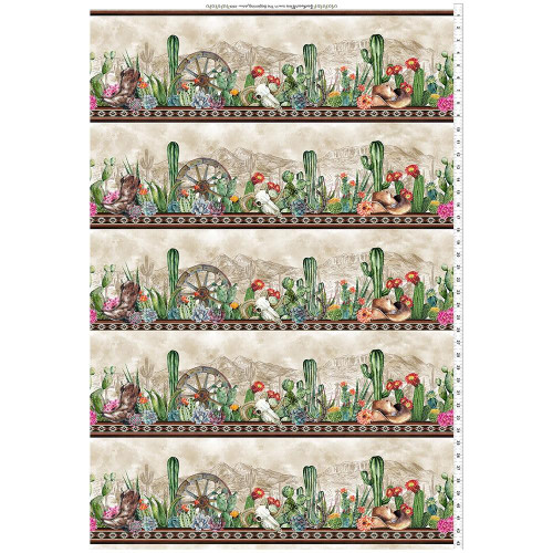 In The Beginning Fabrics Southwest Minis by Jason Yenter Desert Botanical Garden Stripe, fabric pattern featuring cacti, desert flowers, a wagon wheel, and desert landscape elements in earthy tones.
