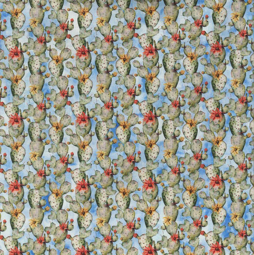 In The Beginning Fabrics Southwest Minis by Jason Yenter Blue Red Yellow Cactus Stripe, detailed pattern of green cactus plants with red and yellow flowers against a light blue background.