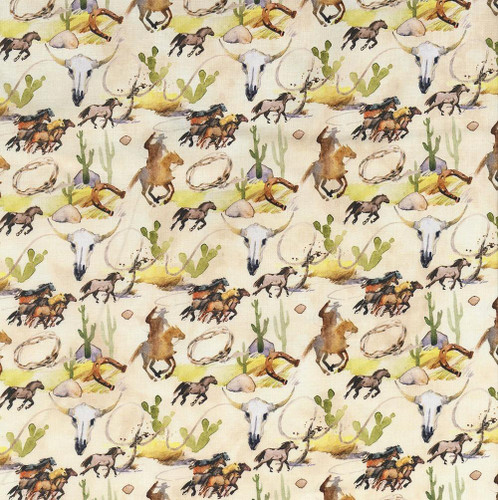 In The Beginning Fabrics Southwest Minis Jason Yenter Brown Sage Yellow Wild Horses Cowboys Cactus, watercolor pattern of wild horses, cacti, cowboys, and cow skulls in earth tones.