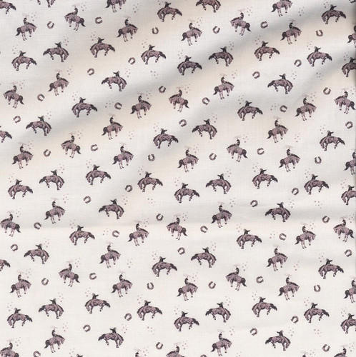 In The Beginning Fabrics Southwest Minis by Jason Yenter Grey White Cowboys Bucking Broncos fabric, featuring a pattern of galloping horses, horseshoes, and small stars on a white background.