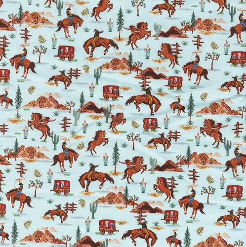 In The Beginning Fabrics Southwest Minis by Jason Yenter Blue Brown Broncos Wagons Cowboys
