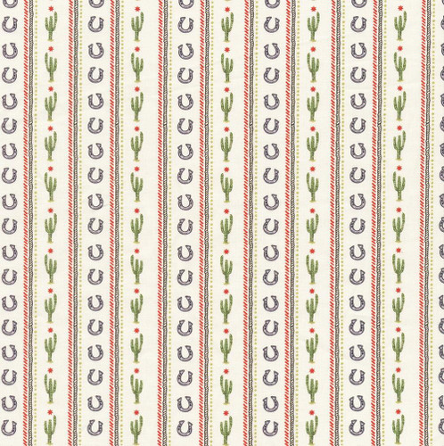 In The Beginning Fabrics Southwest Minis by Jason Yenter Cream Grey Green Cactus Horse Shoe Stripe, fabric pattern featuring alternating cacti, horseshoes, and stars in a southwestern design.