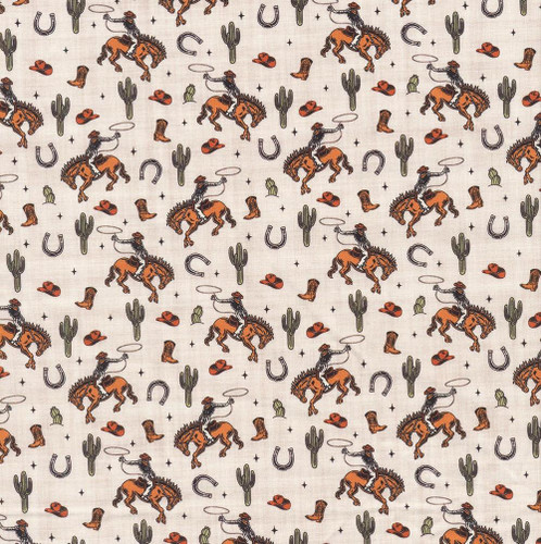 In The Beginning Fabrics Southwest Minis by Jason Yenter Cream Orange Cowboys Bucking Broncos, desert-themed fabric with cowboys riding bucking broncos, cacti, cowboy hats, boots, horseshoes, and stars on a cream background.