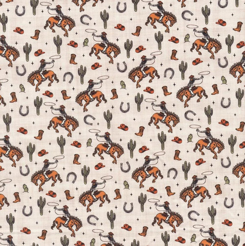 In The Beginning Fabrics Southwest Minis by Jason Yenter Cream Orange Cowboys Bucking Broncos