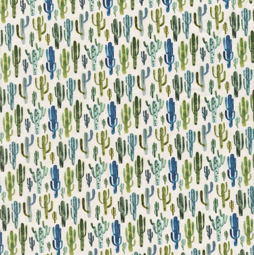 In The Beginning Fabrics Southwest Minis by Jason Yenter Blue Green Cream Modern Cactus, fabric with a pattern of colorful cacti in blue, green, and cream tones.
