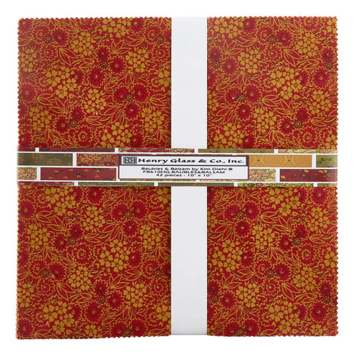 Henry Glass Fabrics Baubles and Balsam by Kim Diehl Layer Cake Ten Inch Squares, a bundle of fabric squares with a red and gold floral pattern.