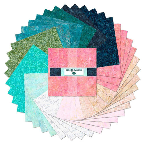 Wilmington Prints Fabrics Desert Blossom Batiks Layer Cake Ten Inch Squares, colorful fabric collection with pink, blue, green, and beige batik patterned fabrics arranged in a circular display.