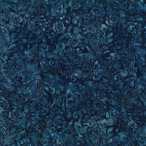 Wilmington Prints Fabrics Desert Blossom Batiks Paisley & Flowers Navy Blue, detailed dark blue batik fabric with paisley and floral patterns.