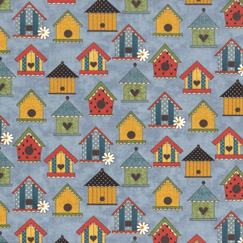 Benartex Fabrics Prairie Chicks Cheryl Haynes Tweet House Blue, colorful birdhouses pattern on fabric with a blue background.