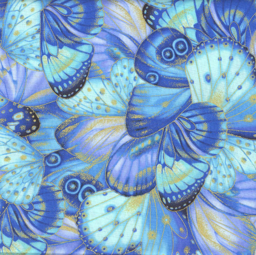 Timeless Treasures Fabrics Escapade Multi Metallic Butterflies Wings, fabric featuring a vibrant pattern of metallic blue, gold, and white butterflies with intricate details on a blue background.
