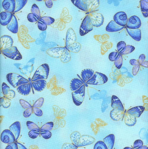Timeless Treasures Fabrics Escapade Aqua Flying Metallic Butterflies