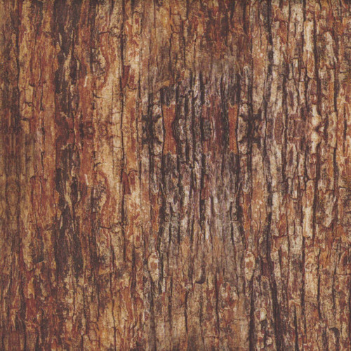 Timeless Treasures Fabrics Woodland Retreat Brown Wood Tree Bark, close-up of textured fabric pattern resembling rugged tree bark in warm brown tones.