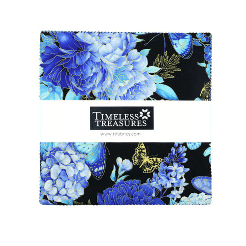 Timeless Treasures Fabrics Escapade Layer Cake Ten Inch Squares, floral print fabric with blue and purple flowers and butterflies on a black background. Timeless Treasures Fabrics Escapade Layer Cake Ten Inch Squares, floral print fabric with blue and purple flowers and butterflies on a black background.