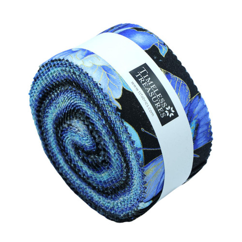 Timeless Treasures Fabrics Escapade Escapade Jelly Roll Fabric Strips, rolled bundle of blue floral fabric strips with colorful pattern and label. Timeless Treasures Fabrics Escapade Escapade Jelly Roll Fabric Strips, rolled bundle of blue floral fabric strips with colorful pattern and label.