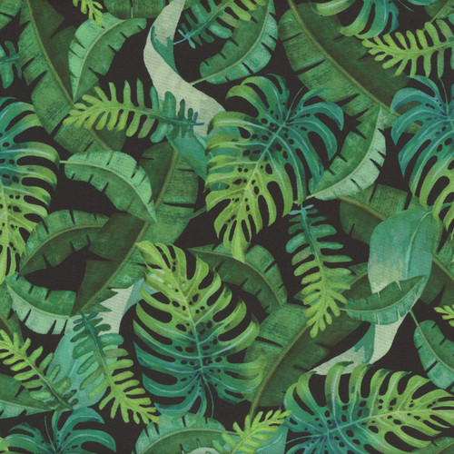 Benartex Fabrics Paradise 108 Inch Wide Quilt Back Nicole Decamp Leaves of Paradise Black