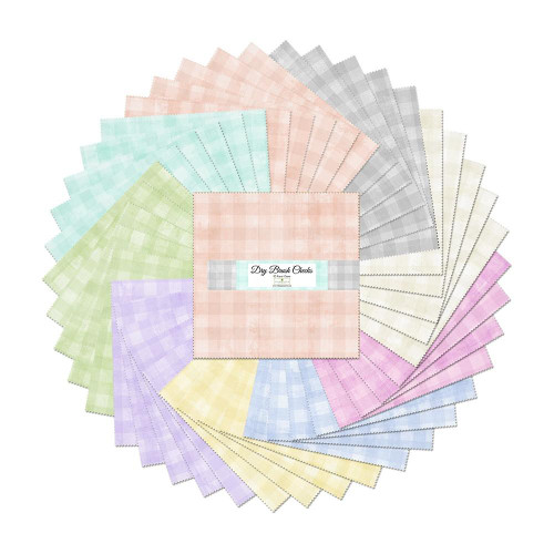 Wilmington Prints Fabrics Dry Brush Checks Danhui Nai Layer Cake Ten Inch Squares, assorted pastel and neutral checkered fabric squares arranged in a circular pattern.