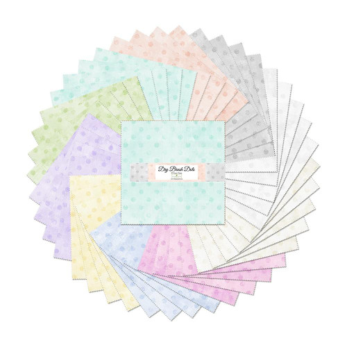 Wilmington Prints Fabrics Dry Brush Dots Danhui Nai Layer Cake Ten Inch Squares, pastel-colored fabric squares with dry brush dot patterns in various soft shades.