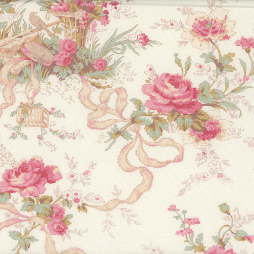Clothworks Fabrics Charlotte Cream Pink French Ribbon Roses Cottage Floral
